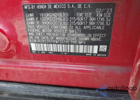 2023 Honda Hr-V Awd Ex-L from USA, damaged, VIN 3CZRZ2H74PM733745